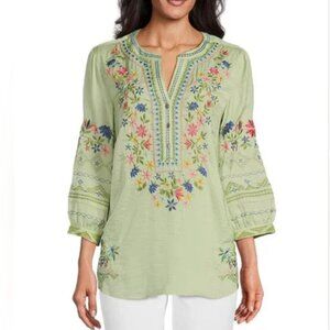 NWT John Mark Medium Green Linen Embroidered Tunic Floral Embroidered